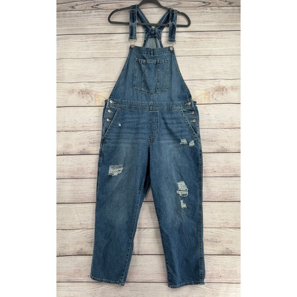 Gap Overalls Womens XL Blue Distressed Denim Relaxed Fit Bib Dungarees